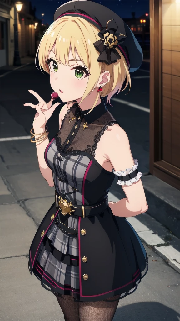 masterpiece, Highest quality, High resolution, Humphrey, Blonde, Braiding, beret, Black Hat, Earrings, Bracelet, Plaid, Bare shoulders, Black Bow, Black Dress, Wrist cuff, bracelet, belt, Fishnet tights, Idolmaster Cinderella Girls, night, city, street, Are standing, Cowboy Shot, (((Pixel Perfect, Perfect in every detail))), alone, 女の子1 person, Chisato Nishikigi, Uniform wine, Looking at the audience, 1 personの女の子, alone, (((1 personの女の子))),(((alone))),(((1 person))).ハイヒール女の子1 person, whole body,（look up:1.4） alley, inquiry, Talk to your audience、Are Are standing