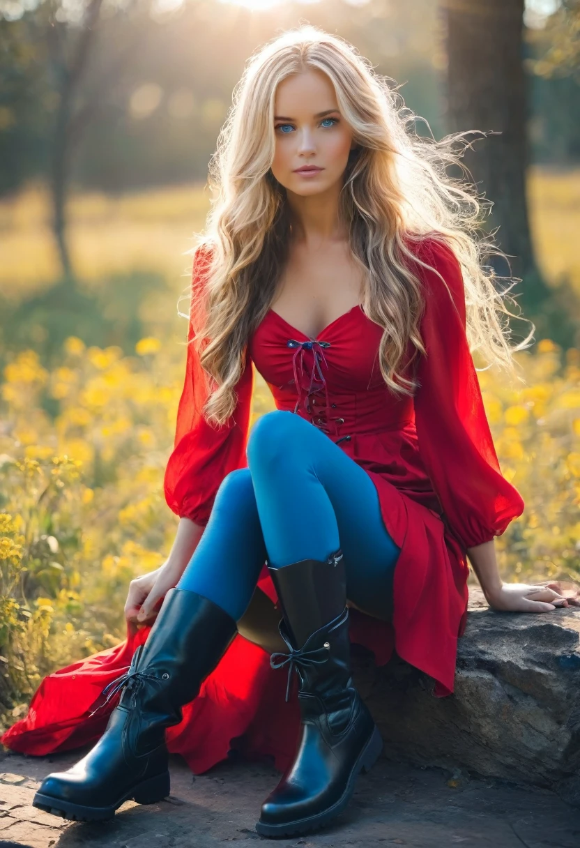 1woman, long hair, blue eyes, blonde hair, red dress, boots, outdoor, sunshine,