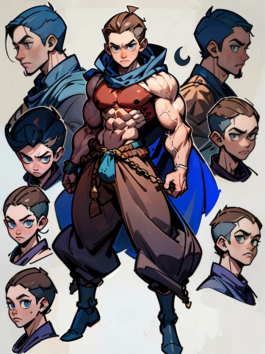 Male character design, detailed full body concept art, detailed character art, full character design, character model sheet submission, detailed character design, full body character design, ((Character design sheet, same character, forehead, side, back)) Character design, virile man, overly muscular, bulging veins, masculine face, blue eyes, short brown hair, huge biceps, bare back, wearing underwear.