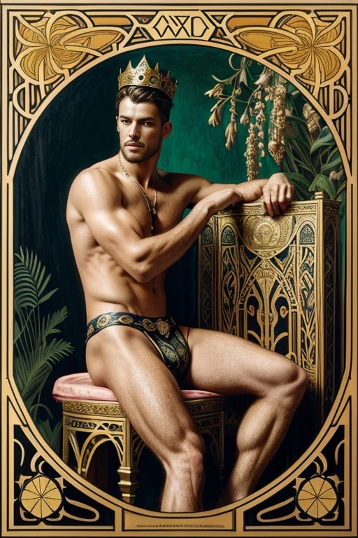 a surreal courtly photography, ultra-detailed, panoramic composition of subject and complete surrounding environment, handsome manly young topless christian hogue sitting on a throne, wears rich silks shorts and decorations, a crown on his head, Gold snake pattern tattoo , inspired by Cornelis Engebrechtsz, inspired by Nikolay Nikanorovich Dubovskoy, inspired by John Nelson Battenberg, inspired by Konstantin Westchilov, maximalist art nouveau, modern art nouveau, Artem Demura. Alphonse Mucha. Homem com asas de anjos