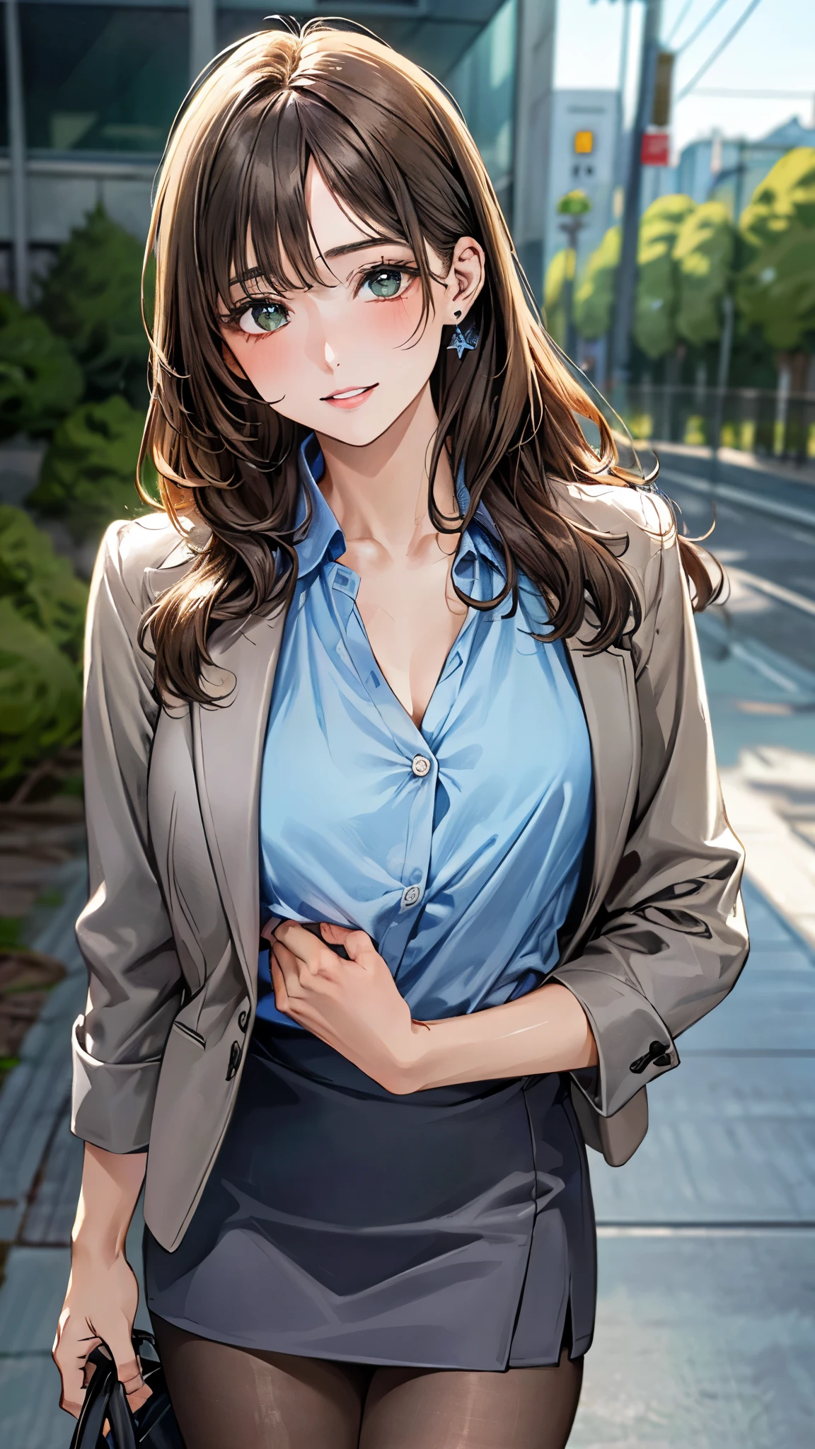 (masterpiece:1.3, top-quality, ultra high res, ultra detailed), (realistic, photorealistic:1.4), beautiful illustration, perfect lighting, natural lighting, colorful, depth of fields, detailed cloth texture, 
beautiful detailed hair, beautiful detailed face, beautiful detailed eyes, beautiful clavicle, beautiful body, beautiful chest, beautiful thigh, beautiful legs, beautiful fingers, shiny skin, 
looking at viewer, 1 girl, clerk, 19 years old, (perfect anatomy, anatomically correct, super detailed skin), cute and symmetrical face, face, perfect face, perfect eyes, , 
(long hair:1.7, half updo, sideburns:1.4, light brown hair), crossed bangs, emerald green eyes, big eyes, long eye lasher, (medium breasts, seductive thighs), slender, skin dendation, 
((grey jacket, close jacket, grey tight skirt, light blue collared shirt), brown pantyhose), 
(beautiful scenery), summer, evening, (office:1.2), standing, leaning forward, (lovely smile, upper eyes, parted lips), 