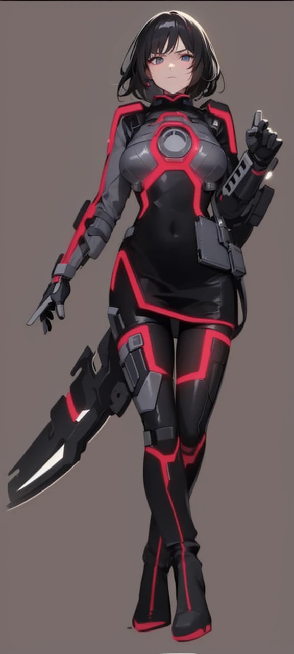 The image shows a young woman with short black hair and light eyes., dressed in a futuristic black suit. The suit has luminous details in neon red, that run from the chest to the legs, forming distinctive lines and patterns.
### Suit Details:
- **chest**: In the center of the chest there is a luminous circular design in red, similar to a device or energy source.
- **arms**: The young woman's left arm is covered by the suit and has a technological glove design. The right arm is covered by a large mechanical attachment that extends from the shoulder to the hand, suggesting a weapon or high-tech tool.
- **waist**: The waist is cinched with a black belt with gray details, that appears to have tactical pockets or compartments.
- **legs**: The legs are covered by the tight suit, with luminous neon red patterns that run from the hips to the knees. He wears tall black boots that match the suit and have gray details..
### expression y POSTURE:
- **expression**: His expression is serious and determined, with eyes looking forward.
- **POSTURE**: She is standing, with a firm and confident posture, slightly leaning forward, as if ready for action.
The overall design of the image is futuristic and high-tech, with a touch of science fiction and cyberpunk. The red luminous elements and the mechanical accessory on the right arm suggest that the young woman is equipped for tactical or combat missions in a technologically advanced environment..
