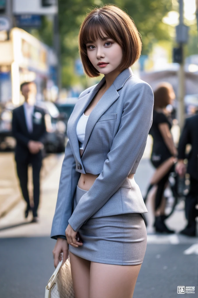 a 20 year old face of the most beautiful actress in the world, the perfect body proportions of a female, tight blazer is worn with formal shirt on female upper body, panties of female crotch between bare legs under short skirt are seen just a little, the short hair cut of a female being just like male one is cool, standing, at the city street, nsfw, best quality, highly detailed, masterpiece, ultra high res, photo realistic, 8k