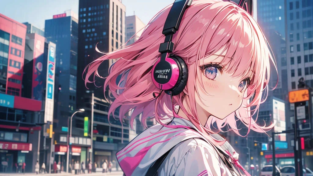 Girl wearing headphones。Pink Hair。