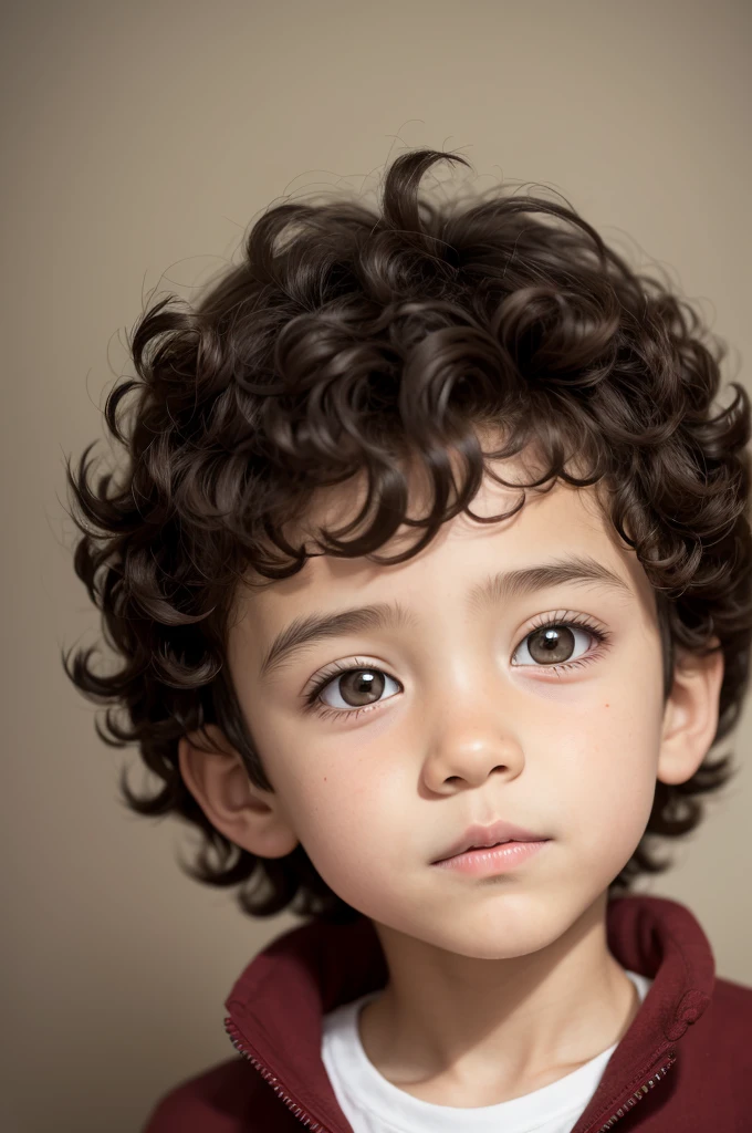 cartoon of a 7 boy, dark brown curly hair, brown eyes and small nose