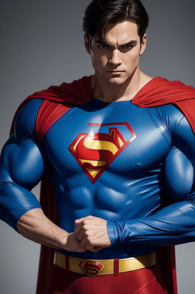 A strong man dressed in a blue and red costume, with cover, with the acronym A in the middle of his clothes, similar to Superman in comic style