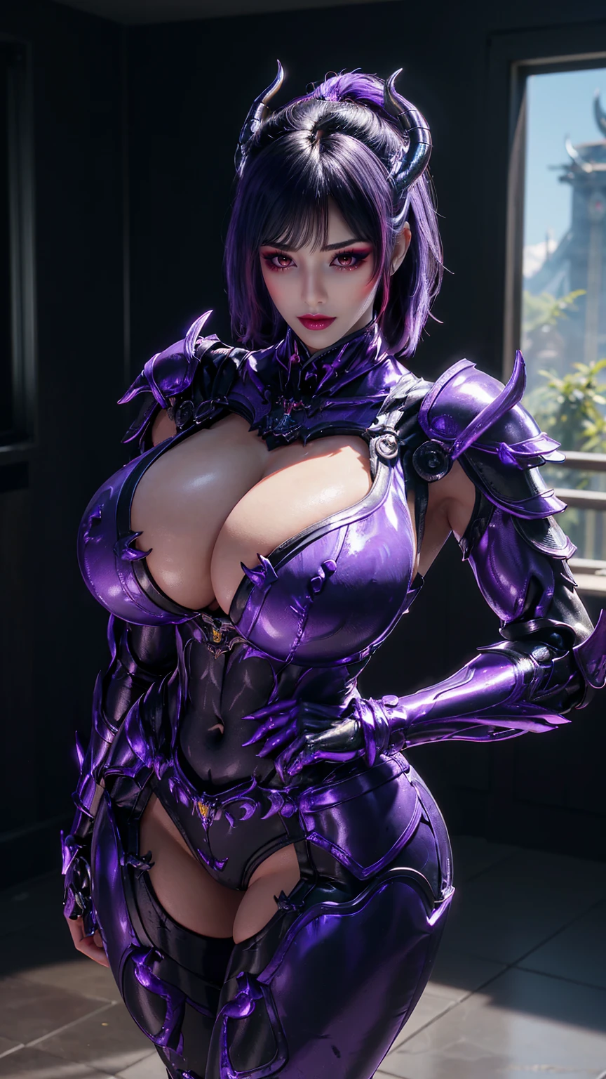 A BUSTY MILF, CLOSE UP UPPER BODY,SOLO, ((EVIL DRAGON MECHA HORN)), (GIGANTIC FAKE BREASTS,CLEAVAGE TOP,11 LINE ABS:1.5), ((WEARING OUTFIT MECHA BLACK,PURPLE EVIL DRAGON ARMOR:1.5)), (MUSCULAR BODY SHAPE:1.5), (CLEAN GLOSSY BODYSKIN:1.5), (LOOKING AT VIEWER:1.6), (BACKGROUND FUTURISTIC SPACE STATION:1), (PHOTOREALSITIC:1.4), (ULTRA-DETAILLIERT), (TOP-QUALITY), (BEST SHADOWS), BRIGHT LIGHT IN ROOM, HYPER TEXTURE, (4X MSAA), ((UNREAL ENGINE 5 RENDER)), (NEON), PHYSICALLY-BASED RENDERING, ULTRA HIGHT DEFINITION, 16K, 1080P.