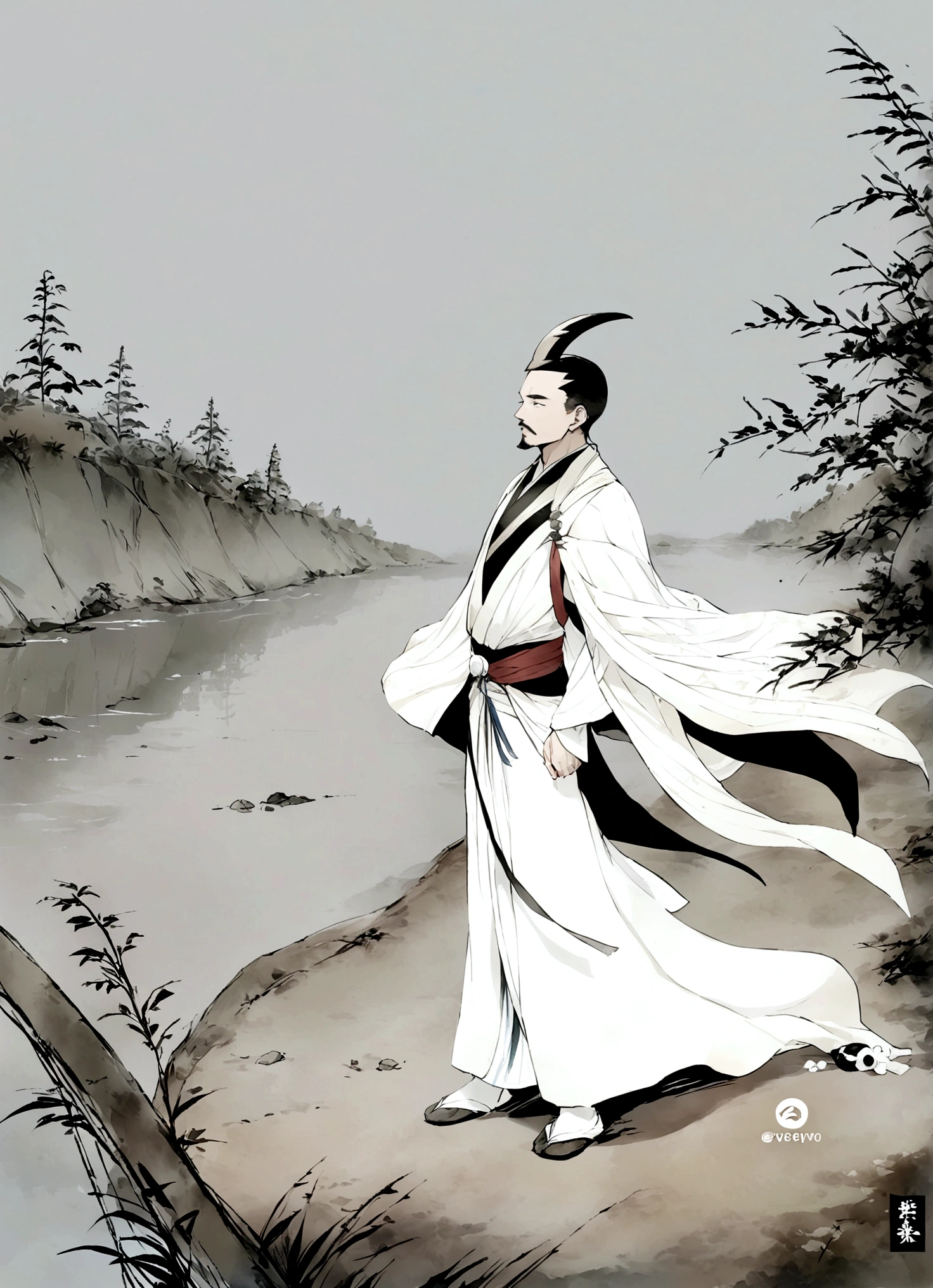 (masterpiece, Highest quality:1.2), 1 person,male,White Beard,Red Cape,Standing by the river,Black Background,Ink Painting