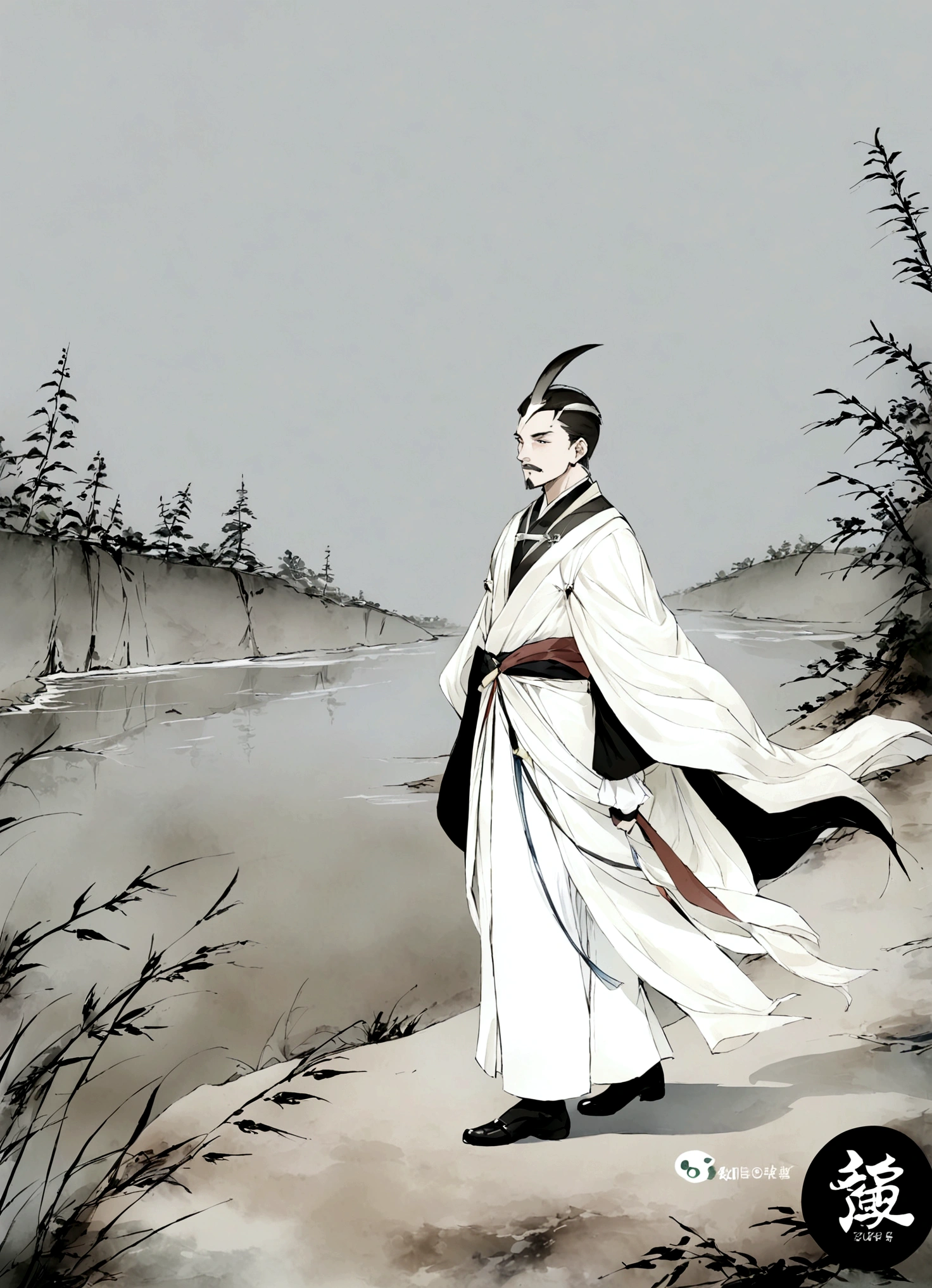 (masterpiece, Highest quality:1.2), 1 person,male,White Beard,Red Cape,Standing by the river,Black Background,Ink Painting