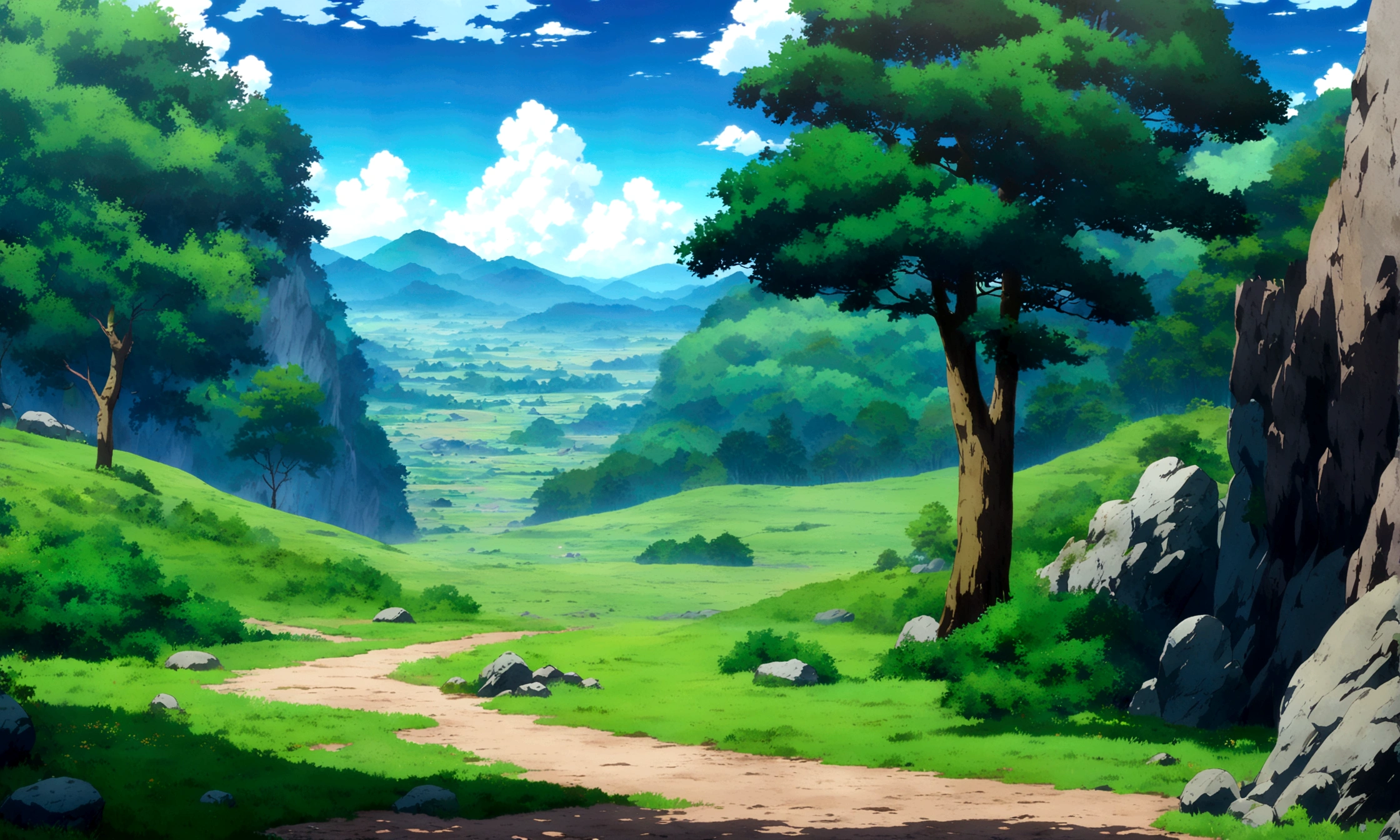 anime - style painting of a tree in a grassy field with rocks, anime countryside landscape, anime landscape, anime landscape wallpaper, anime background art, beautiful anime scenery, anime background, anime beautiful peace scene, anime scenery, anime movie background, anime nature, anime scenery concept art, colorful anime movie background, beautiful anime scene, anime scene, beautiful landscape background