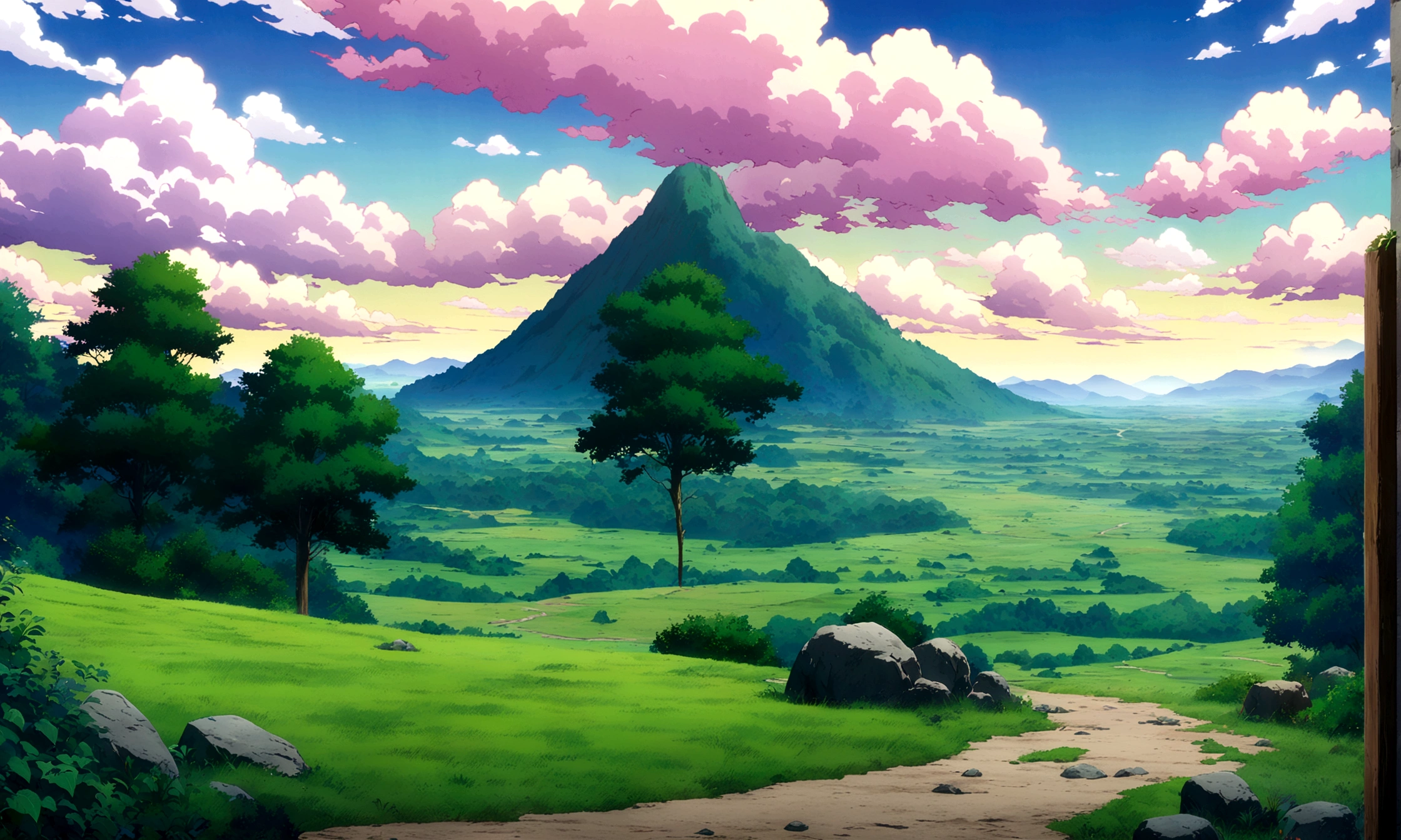 anime - style painting of a tree in a grassy field with rocks, anime countryside landscape, anime landscape, anime landscape wallpaper, anime background art, beautiful anime scenery, anime background, anime beautiful peace scene, anime scenery, anime movie background, anime nature, anime scenery concept art, colorful anime movie background, beautiful anime scene, anime scene, beautiful landscape background