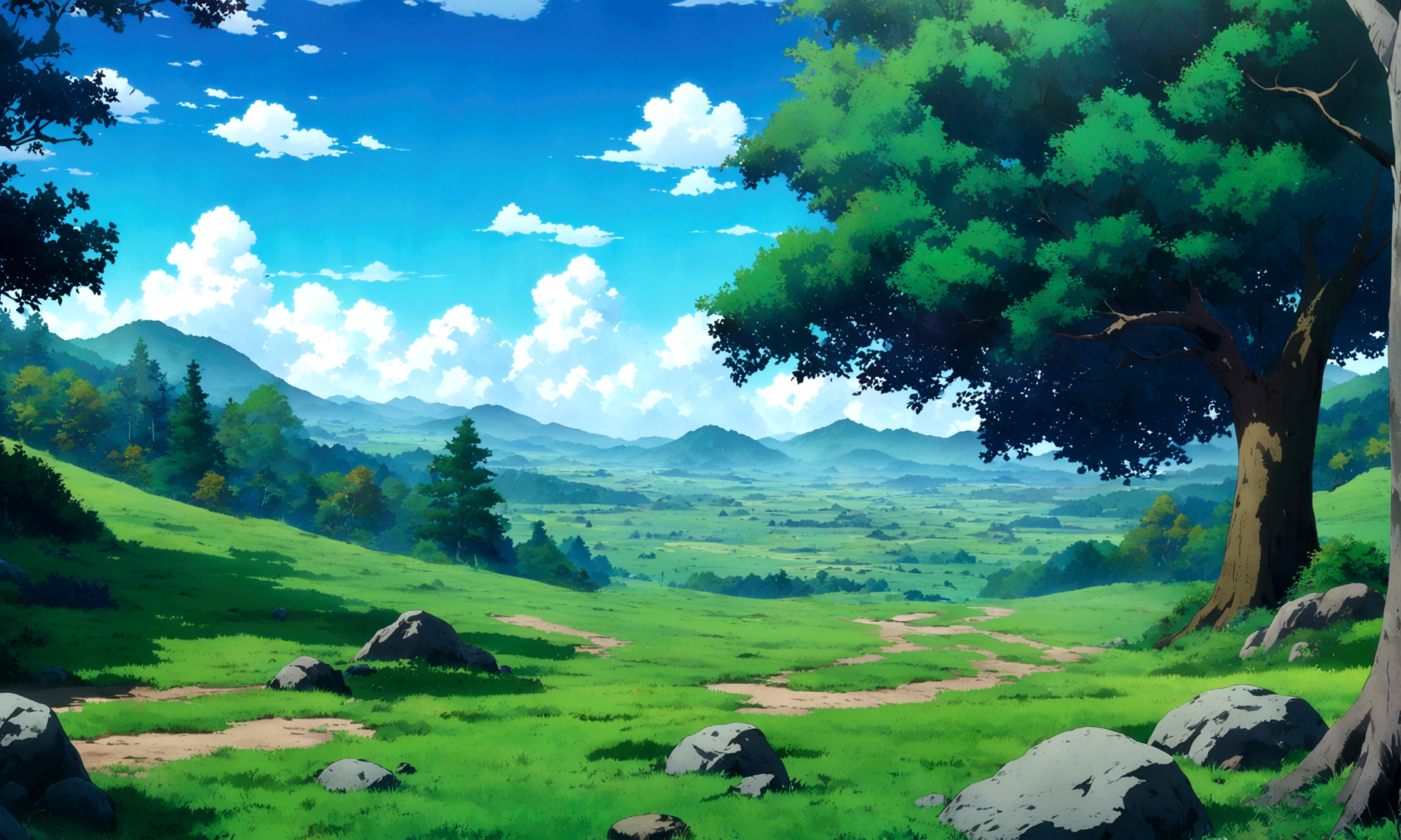 anime - style painting of a tree in a grassy field with rocks, anime countryside landscape, anime landscape, anime landscape wallpaper, anime background art, beautiful anime scenery, anime background, anime beautiful peace scene, anime scenery, anime movie background, anime nature, anime scenery concept art, colorful anime movie background, beautiful anime scene, anime scene, beautiful landscape background
