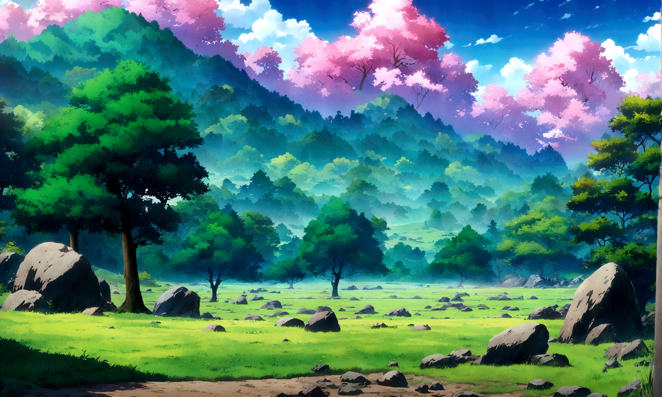 
anime - style painting of a tree in a grassy field with rocks, anime countryside landscape, anime landscape, anime landscape wallpaper, anime background art, beautiful anime scenery, anime background, anime beautiful peace scene, anime scenery, anime movie background, anime nature, anime scenery concept art, colorful anime movie background, beautiful anime scene, anime scene, beautiful landscape background
