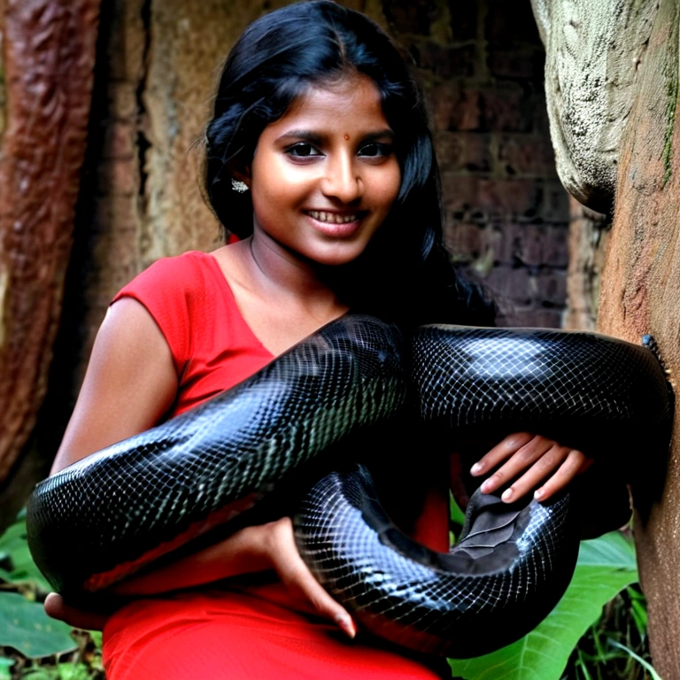 Happy Horny, aroused 1girl), beautiful kneeling indian young teen girl with giant colossal black anaconda monster squeezing her hard, wrapped in thick spiraling coils, constricted, struggle, gasping for air, snake attack, snake peril, moonless night, dim light