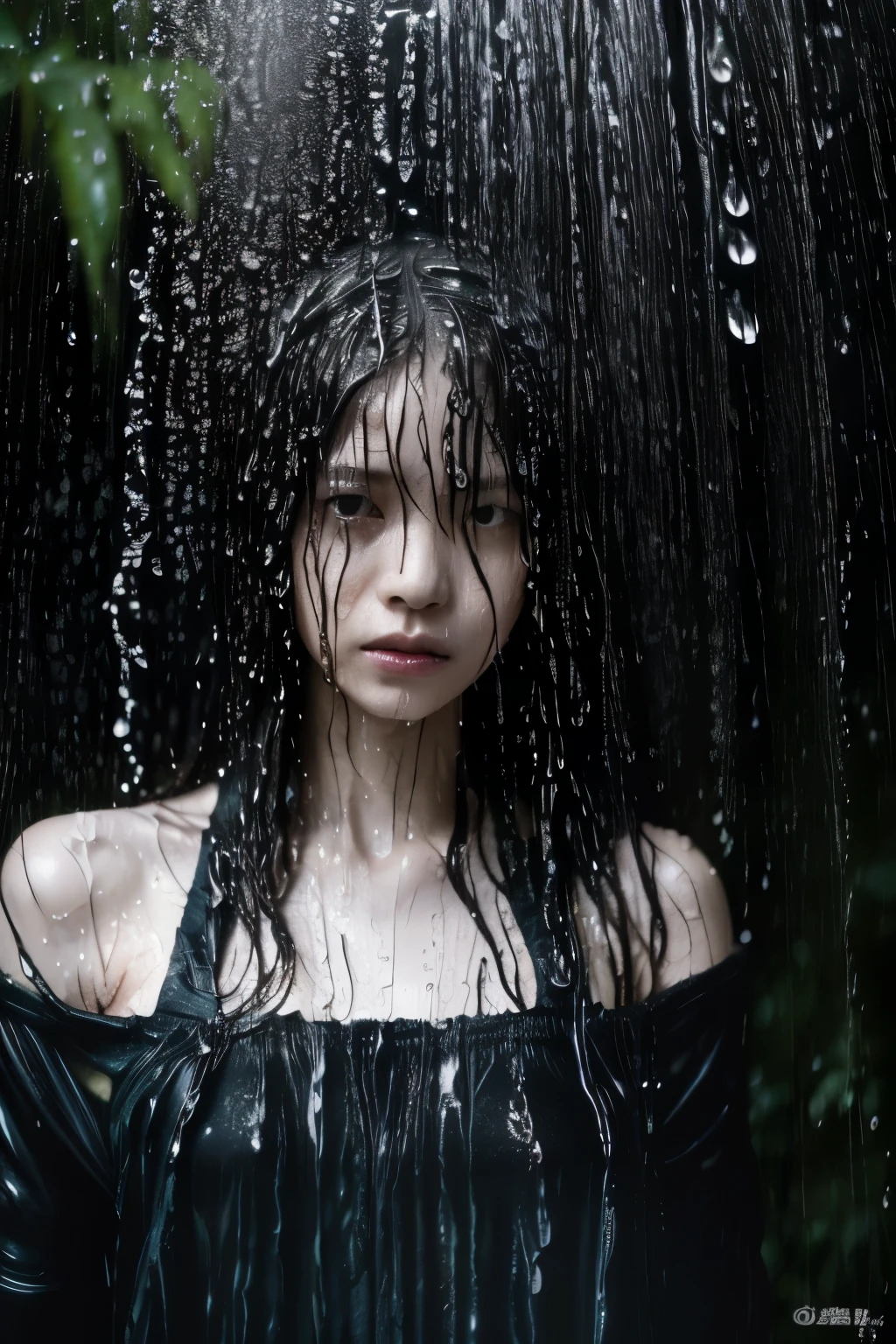 Best Image Quality, masterpiece, Ultra high resolution, (loyalty :1.4), Skinny Japanese woman, 1 girl, detailed face, detailed eyes, correct human body structure, dim, Dark, Tears, Tearsdrop, (White shirt), (wet soaked clothes sticking to the body:1.4), bare shoulders, wet hair, torrential rain, in the deep forest,