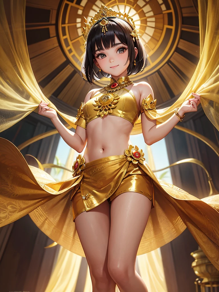 A Masterpiece, Highest quality. Photorealism style oil painting of a Stunning Beauty Javanese Little Princess, about . Shyly smile. Short hair. Wearing golden-white croptop batik dress and golden mini skirt with slits. Traditional Javanese golden tiara. Beautiful shoulders, beautiful belly, beautiful thighs, beautiful legs. Javanese Imperial Park in the background. HD image, full body image, wide image, top to toes, very detailed anatomy, very detailed background.