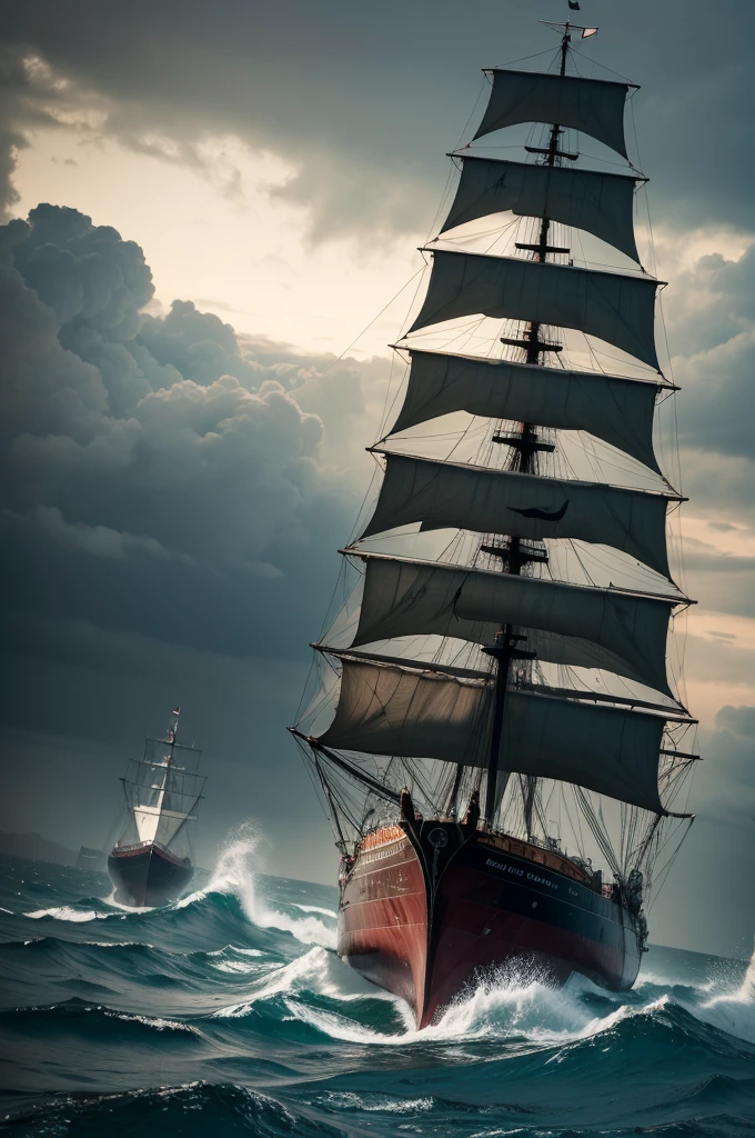 A ship sailing through turbulent and dark waters