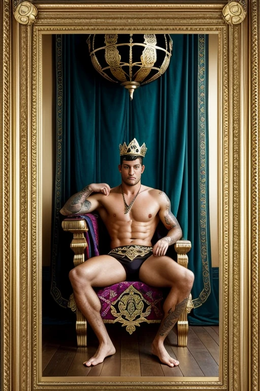 a surreal courtly photography, ultra-detailed, panoramic composition of subject and complete surrounding environment, handsome manly young ??????? christian hogue sitting on a throne, wears rich silks shorts and decorations, a crown on his head, Gold snake pattern tattoo , inspired by Cornelis Engebrechtsz, inspired by Nikolay Nikanorovich Dubovskoy, inspired by John Nelson Battenberg, inspired by Konstantin Westchilov, maximalist art nouveau, modern art nouveau, Artem Demura. Alphonse Mucha. Homem com asas de anjos