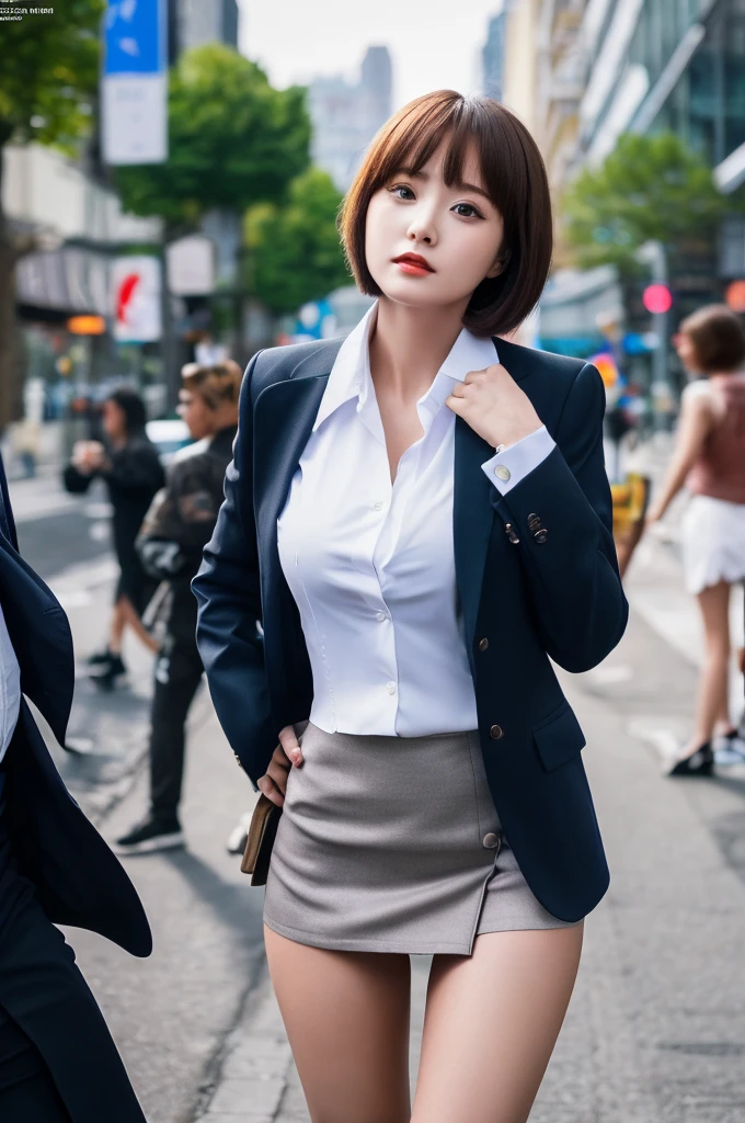 a 22 year old face of the most beautiful actress in the world, the perfect body proportions of a female, tight blazer is worn with formal shirt on female upper body, panties of female crotch between bare legs under short skirt are seen just a little, the short hair cut of a female being just like male one is cool, standing, at the city street, nsfw, best quality, highly detailed, masterpiece, ultra high res, photo realistic, 8k