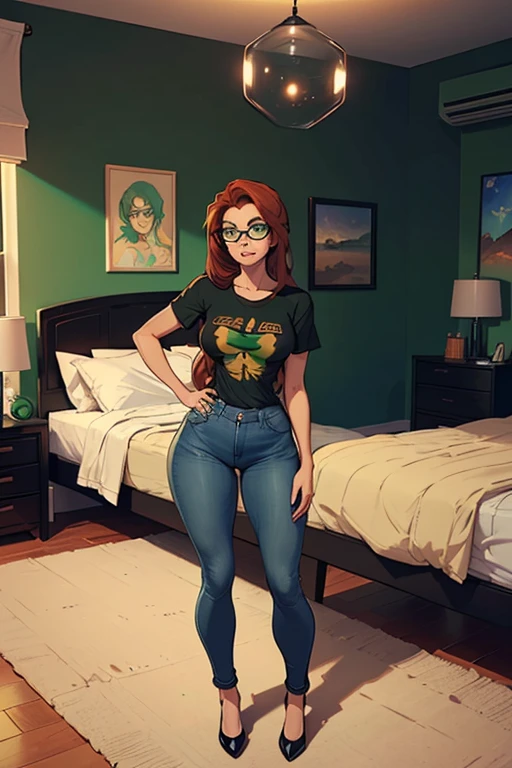 ((Solo)) ((Masterpiece)) ((High Quality)) ((Full Body)) ((Perfect Face)) ((Small Breasts)) ((Wide Hips)) ((Narrow Waist)) ((Beautiful)) ((Geeky girl)) ((Auburn Hair)) ((Long Hair)) ((light Skin)) ((Green Eyes)) ((sci-fi geek)) ((black tee shirt)) ((Jeans)) ((Bedroom))