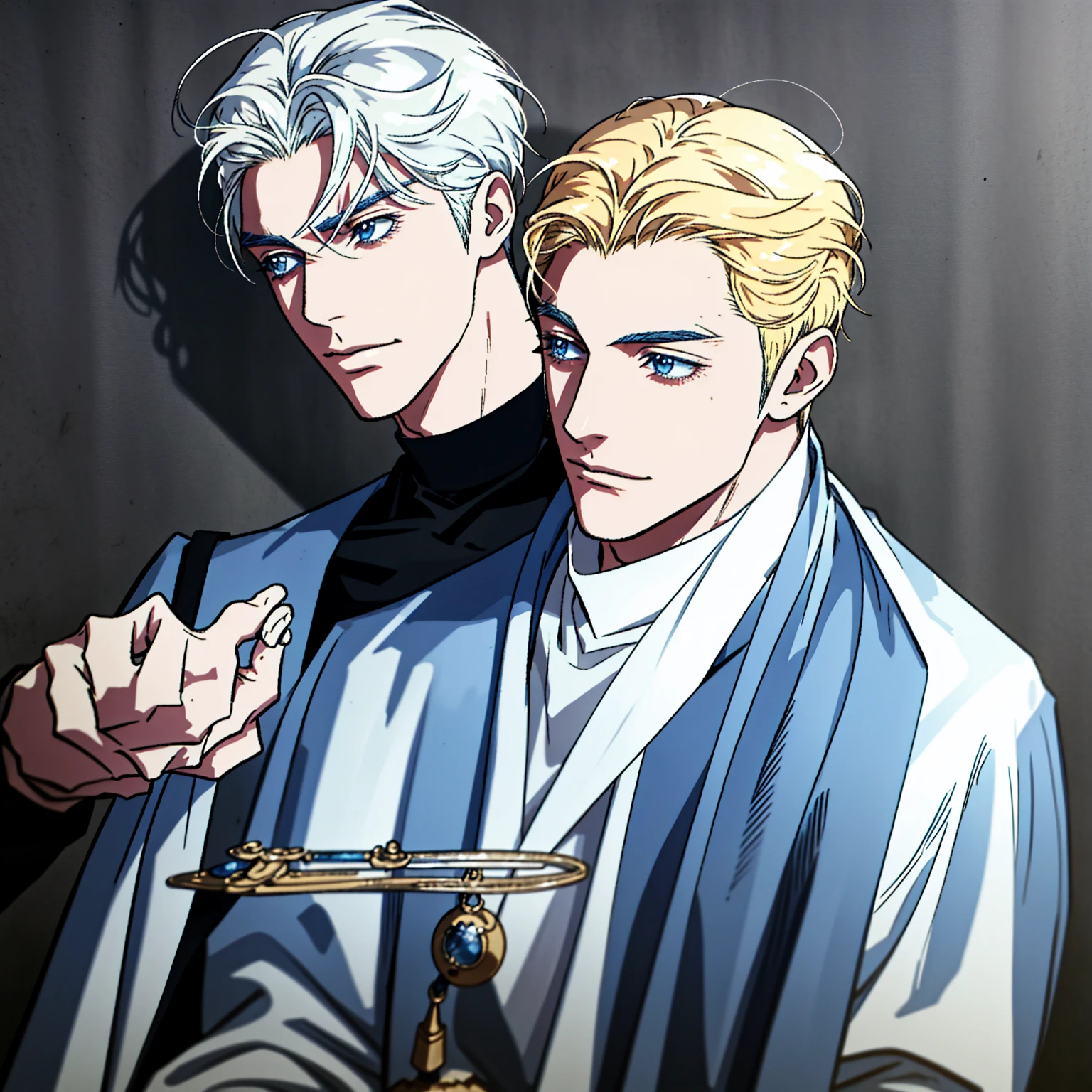 detailed male face, 20 year old man, realistic anime blue eyes, polite, handsome, braided blonde hair, wearing wizard clothes, tavern background, dress, sad face, upper body, playing laud