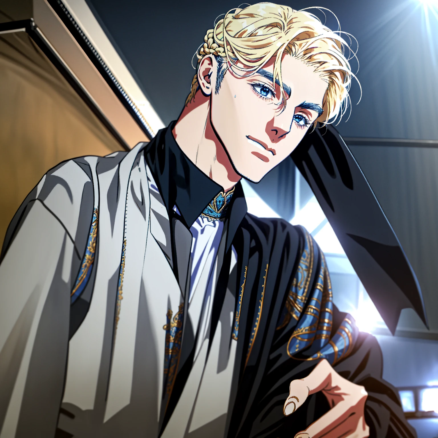 detailed male face, 20 year old man, realistic anime blue eyes, polite, handsome, braided blonde hair, wearing wizard clothes, tavern background, dress, sad face, upper body, playing laud