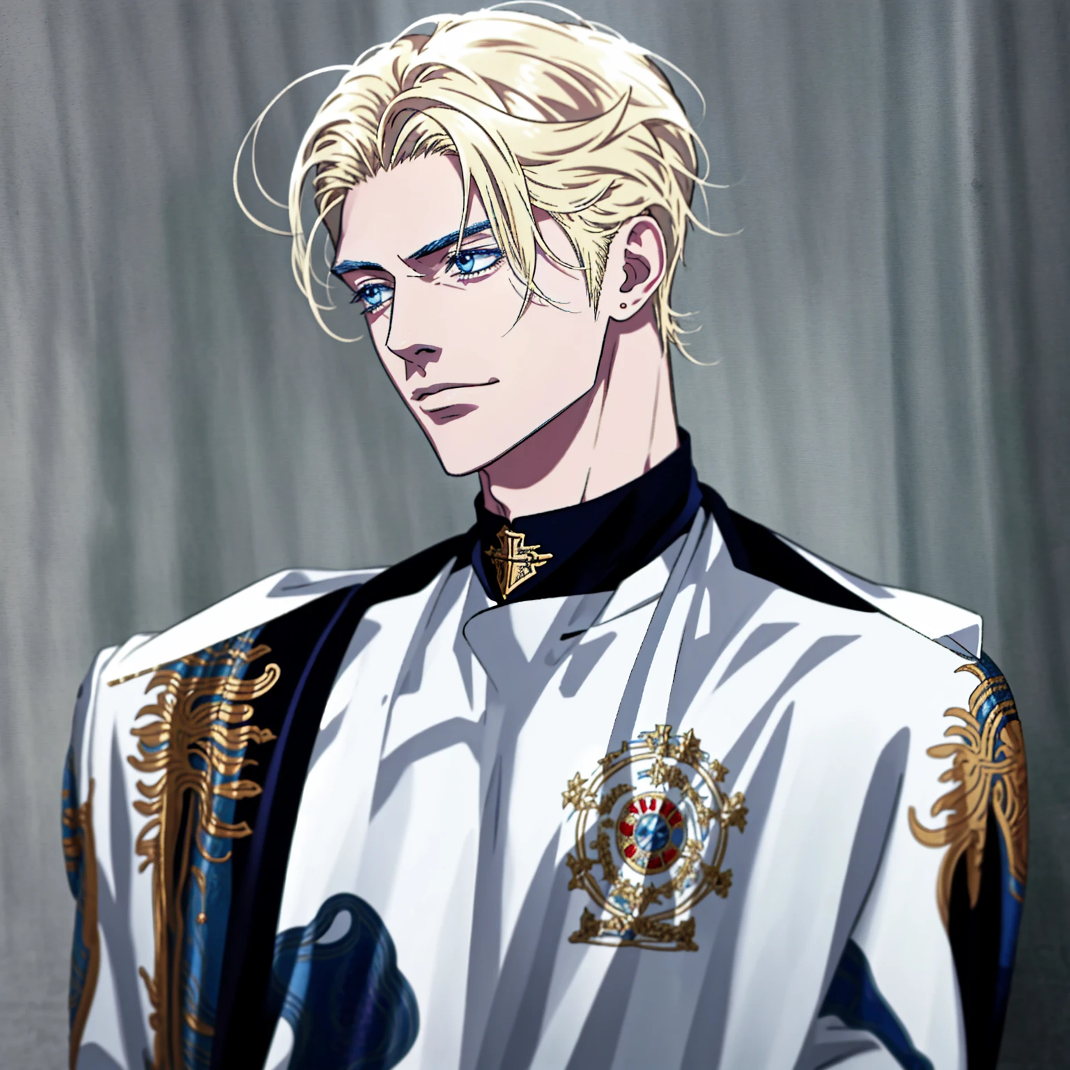 detailed male face, 20 year old man, realistic anime blue eyes, polite, handsome, braided blonde hair, wearing wizard clothes, tavern background, dress, sad face, upper body, playing laud