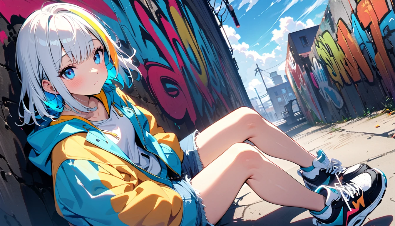 HD 8k Handsome cute, Solitary, 1 female, Medium Length Hair, white hair, Rainbow hair, blue Eyes, Rainbow headphone, hoodie, colored hoodie, denim shorts, sneakers, Human focus, outdoor, blue sky, White clouds, graffiti wall,