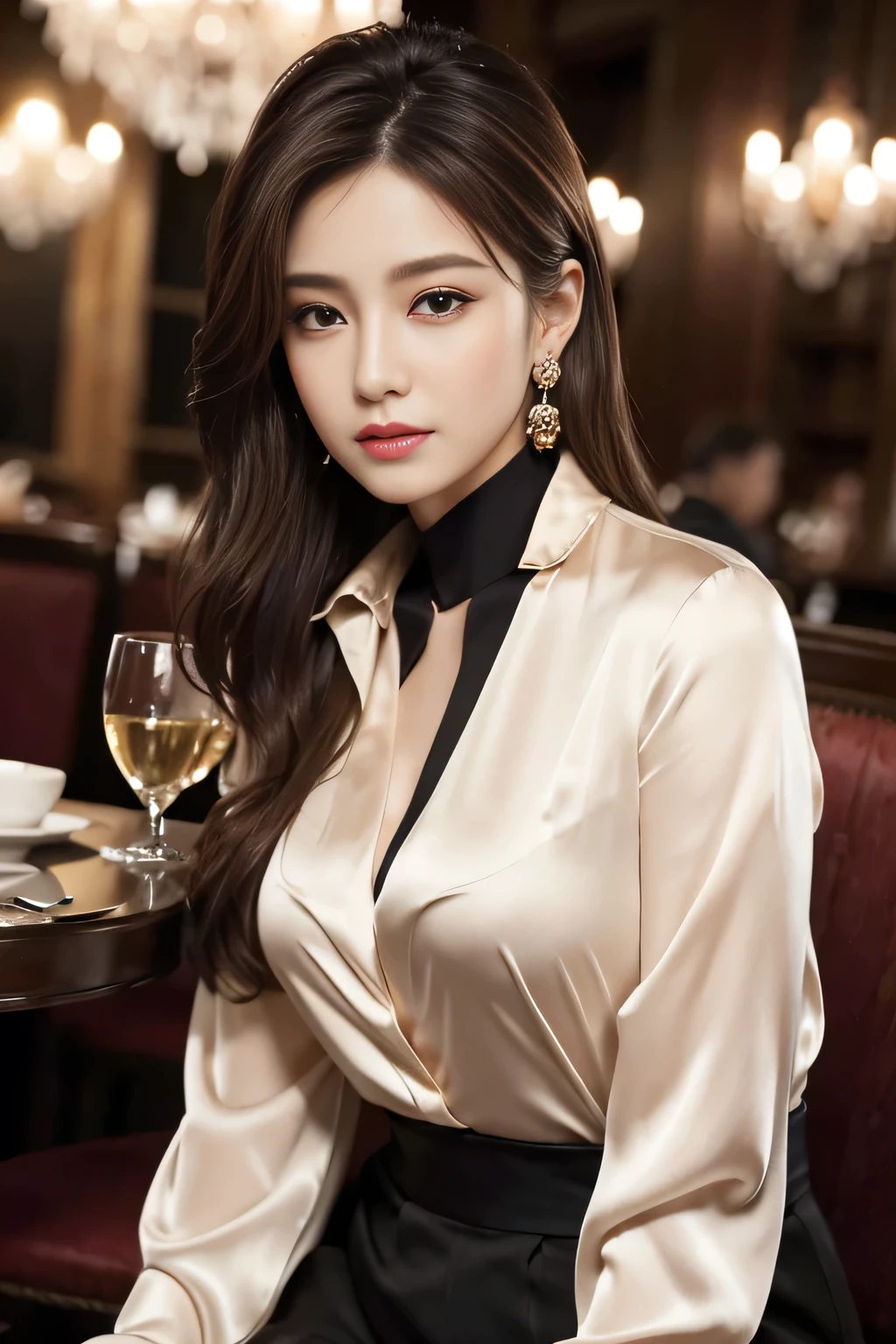 masterpiece, Highest quality, Realistic, Very detailed, Finer details, High resolution, 8k wallpaper, One beautiful woman, Wear an elegant silk shirt, In a great restaurant, At night, Light brown messy hair, Perfect dynamic composition, Beautiful and beautiful eyes、Big earrings、Sit on a chair、
