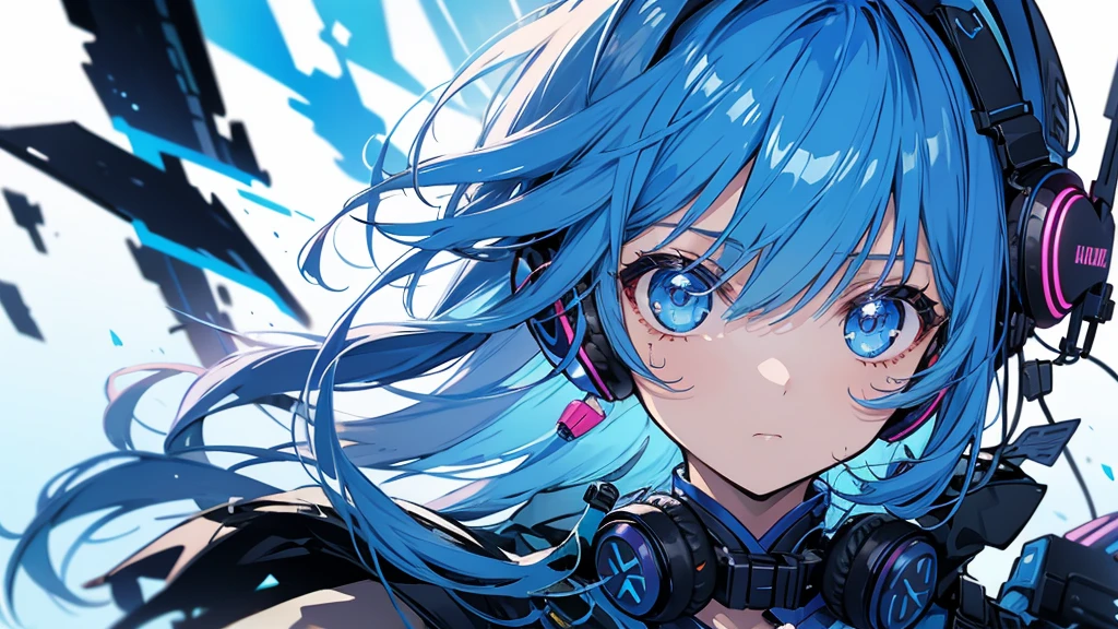 Girl wearing headphones。Blue Hair。