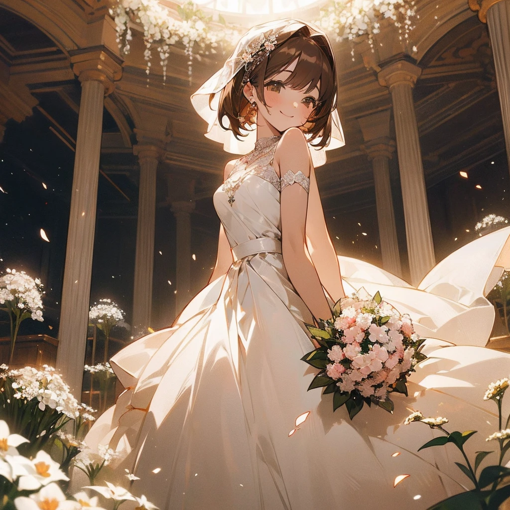 (Beautiful and aesthetic:1.2)、(1 Girl:1.3)、(Brown color hair:1.2)、Wearing a wedding dress、White gypsophila、miracle、happinessそうなsmile、smile、happiness、Gypsophila in full bloom、Fantastic space、