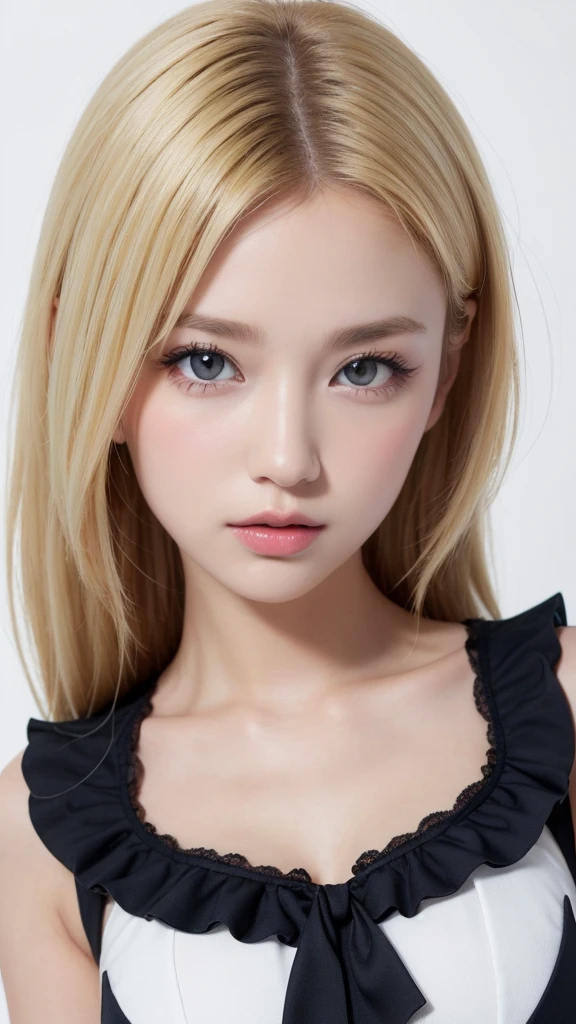(((forehead、Blonde、Northern Europe、White people、beautiful girl、Blonde、White background、y Costumes)))、table top, highest quality, figure, super detailed, finely, High resolution, 8k wallpaper, Perfect dynamic composition, detailed and beautiful eyes, Deco out,bionde, medium hair, super bigatural color lip,white background, random cute poses,frill dress