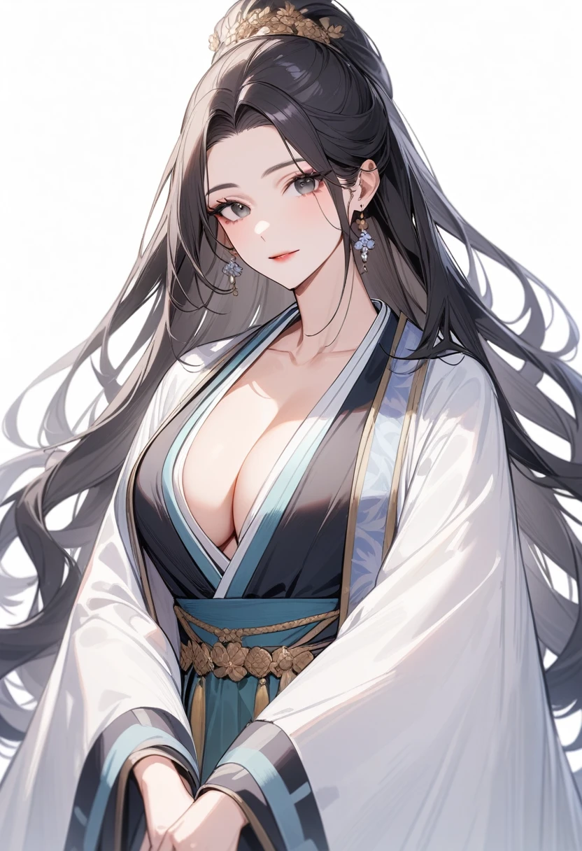 Mature women,Black long hair,Hanfu,Showing cleavage,Beautiful black eyes,Extremely detailed,high resolution,Simple background