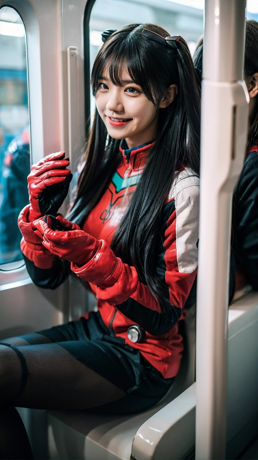 (One Girl:1.3), Japanese high school students, Great face and eyes, Looking into the camera, A joyful smile、Showing teeth、 (Highest quality:1.4), Very detailed CG 統合 8k 壁紙, Very detailed, 高解像度のRAWカラーphotograph, プロのphotograph撮影, Realistic full body shot, Studio shot、Portrait of sexy girl, Open appearance, Ultra-high resolution,Highest quality,photograph,4K,(Realistic:1.2),One Girl,明日香_Cosplay_Costume,Plug Suit,Blue Hair,明日香,Pilot Suit,Cosplay,Interface Headset,Hair Pod,gloves,Braces,Perfect fit for your skin,slim、on the train、Dark Eyes、
