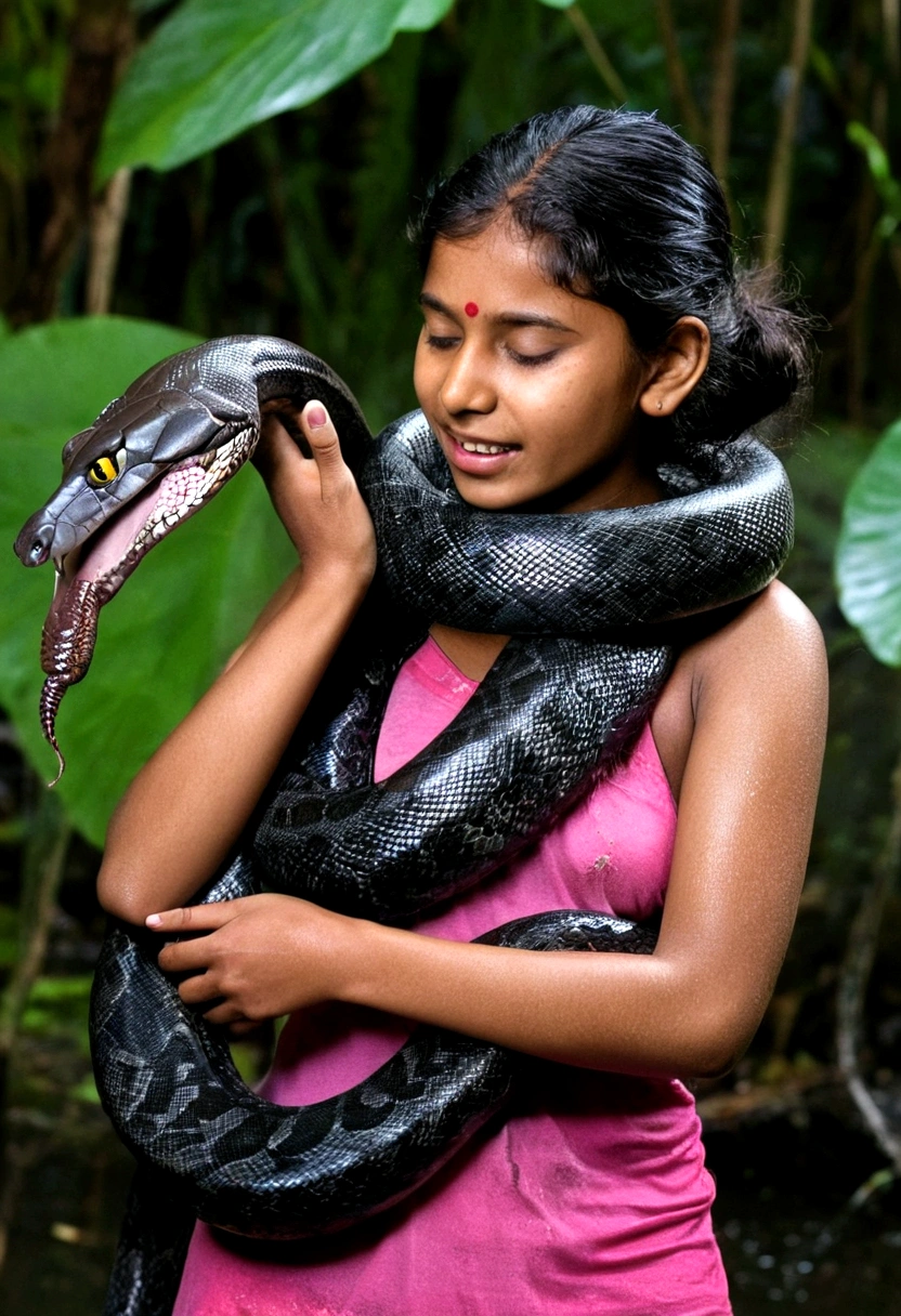 Topless Top quality, masterpiece, super high resolution, real photo, raw photo, cute, beautiful young indian girl, happy expression, joy, glossy skin, dramatic lighting, full body, full body wet, dirty pink tank top, sheer with thin fabric, pink shirt dirty with mud, beautiful breasts, beautiful ass, butt sticking out, creepy, in the dark jungle, waterside, black large titanboa , slim, long limbs, slimy, slim Sleeping on large titanboa a large giant black titanboa wrapped around her neck, a large titanboa wrapped around her body, a titanboa’s head from between her crotches, a titanboa and a titan’s intertwining their tongues and kissing, a girl hugging giant titanbo a girl and a large titanboa staring at each other Many large anacondas horny aroused tentacle sex large object penetration nsfw snake tongue kissing blowjob bestiality