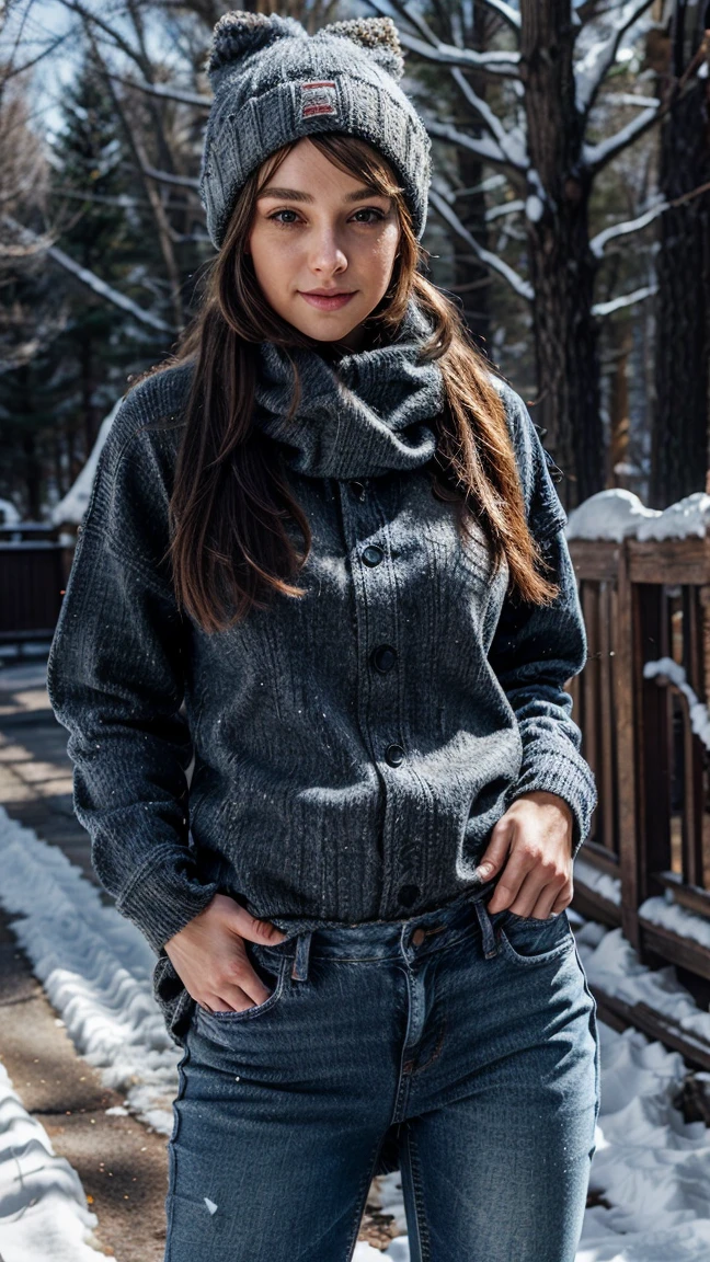 Sun ray, A woman dressed in winter clothes and jeans.