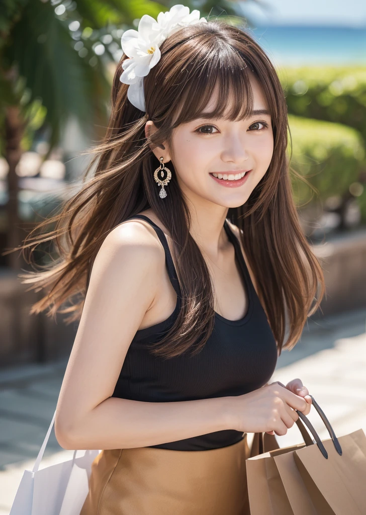 profile、Turned around、Butt,Flat Chest、(Slim body）、((Slim body))、Long Hair,Straight Bangs,Embarrassing,masterpiece,diamond、Earrings,background of fantasy,(((Brown Hair)))、 hair ornaments,Headband,Brown Hair, Tank top、Tight Skirt、Mini length、Hawaiiのショッピングモール、With lots of paper bags、Go shopping、Enjoy shopping、Carrying more baggage than I can carry、Hawaii、 Highest quality, High resolution, unity 8k wallpaper, (shape:0.8), (Beautiful details:1.6), Highly detailed face, Sing happily、looking at the camera、laugh、smile、
