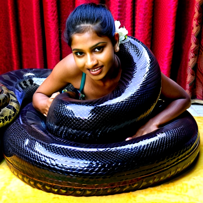  Happy Horny, aroused 1girl), beautiful kneeling indian young teen girl  with  giant colossal black anaconda  monster squeezing her hard, wrapped in thick spiraling coils, constricted, struggle, gasping for air, snake attack, snake peril, moonless night, dim light