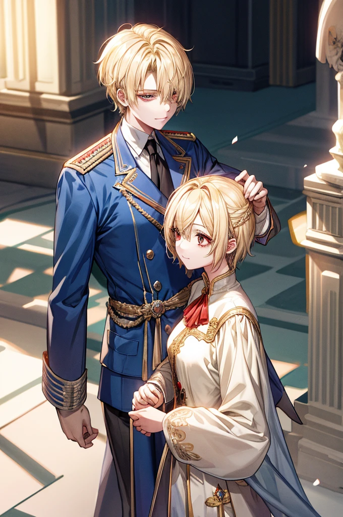 ((masterpiece:1.2、Highest quality))、1 female、((Blonde Short Hair))、Red eyes、Long eyelashes、White suit、Fantasy、uniform、Royalty、garden、Blooming Flowers、sunlight、Fantastic Light and Shadow、Scenery of the Royal Palace、Highly detailed face、Invincible Smile、Dynamic depiction、Tホテルのmasterpiece，Highest quality，As-、Short, straight, dark yellow hair，shirt, half-naked,Dressed in strict royal attire, White and gold royal outfit, Handsome anime pose, A beautiful feminine face、Medium Breast、Center Section、amount、Sexy、expensive、Handsome、Beautiful shape、Best Style、Cool look、Model pose、(Barrette)、(((Hair on one eye)))、(((One eye is hidden by hair)))、(((Blonde Short Hairー))),(Red eyeao Sen Moon Song、