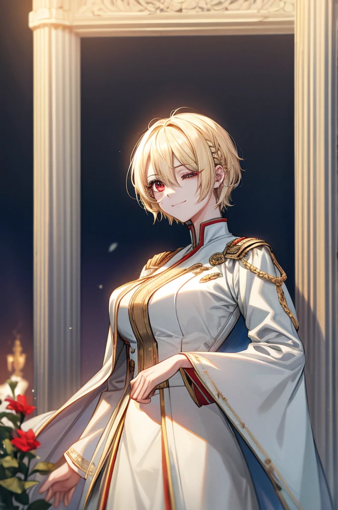 ((masterpiece:1.2、Highest quality))、1 female、((Blonde Short Hair))、Red eyes、Long eyelashes、White suit、Fantasy、uniform、Royalty、garden、Blooming Flowers、sunlight、Fantastic Light and Shadow、Scenery of the Royal Palace、Highly detailed face、Invincible Smile、Dynamic depiction、Tホテルのmasterpiece,Highest quality,As-、Short, straight, dark yellow hair,shirt, half-naked,Dressed in strict royal attire, White and gold royal outfit, Handsome anime pose, A beautiful feminine face、Medium Breast、Center Section、amount、Sexy、expensive、Handsome、Beautiful shape、Best Style、Cool look、Model pose、(Barrette)、(((Hair on one eye)))、(((One eye is hidden by hair)))、(((Blonde Short Hairー))),(Red eyeao Sen Moon Song、