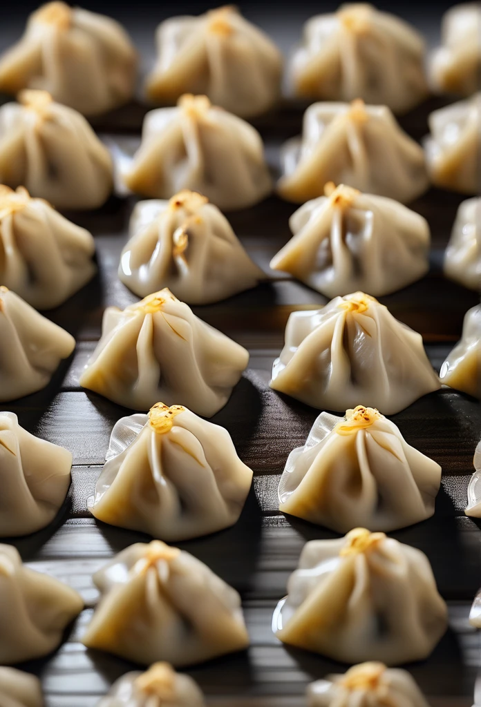 beautiful delicious steaming dumplings, pork and herb filling, intricate folds, glossy skin, steam rising, natural lighting, detailed textures, warm tones, photorealistic, 8k, highly detailed, masterpiece