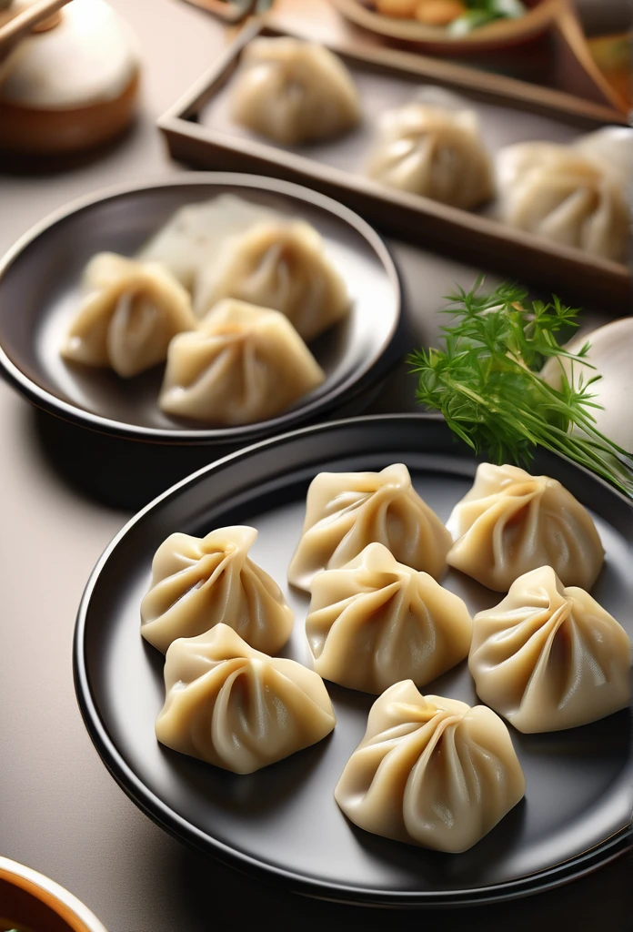 beautiful delicious steaming dumplings, pork and herb filling, intricate folds, glossy skin, steam rising, natural lighting, detailed textures, warm tones, photorealistic, 8k, highly detailed, masterpiece