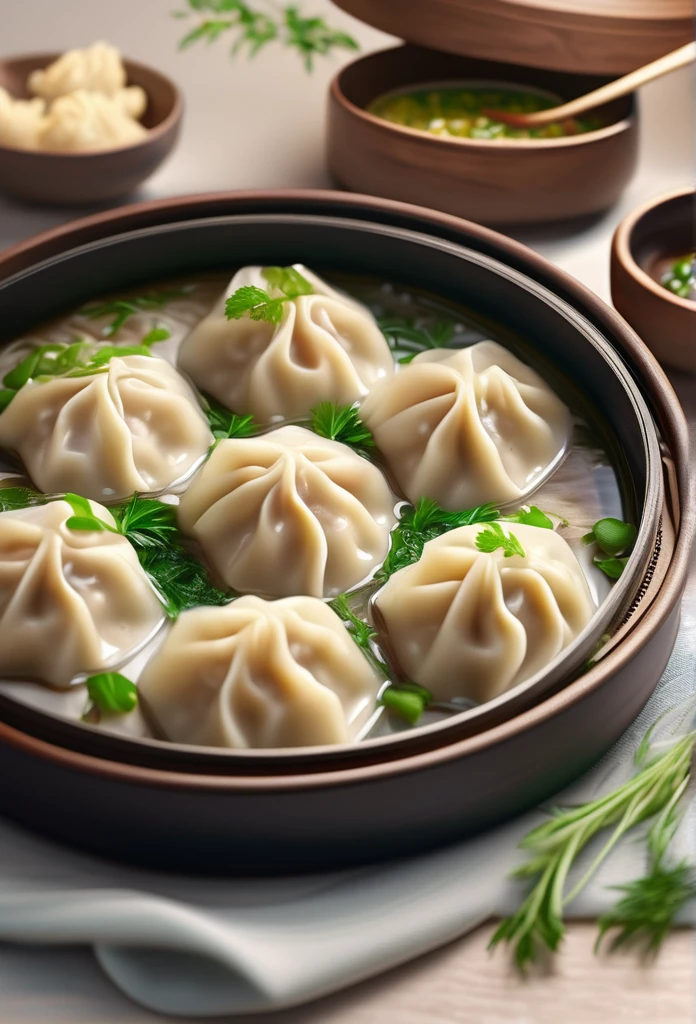 beautiful delicious steaming dumplings, pork and herb filling, intricate folds, glossy skin, steam rising, natural lighting, detailed textures, warm tones, photorealistic, 8k, highly detailed, masterpiece