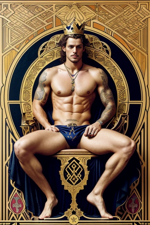 a surreal courtly photography, ultra-detailed, panoramic composition of subject and complete surrounding environment, handsome manly young topless christian hogue sitting on a throne, wears rich silks shorts and decorations, a crown on his head, Gold snake pattern tattoo , inspired by Cornelis Engebrechtsz, inspired by Nikolay Nikanorovich Dubovskoy, inspired by John Nelson Battenberg, inspired by Konstantin Westchilov, maximalist art nouveau, modern art nouveau, Artem Demura. Alphonse Mucha. Homem com asas de anjos