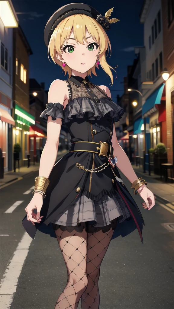 masterpiece, Highest quality, High resolution, Humphrey, Blonde, Braiding, beret, Black Hat, Earrings, Bracelet, Plaid, Bare shoulders, Black Bow, Black Dress, Wrist cuff, bracelet, belt, Fishnet tights, Idolmaster Cinderella Girls, night, city, street, Are standing, Cowboy Shot,, (((One girl))),High heels女の子1人, whole body,alley, inquiry, Talk to your audience、Are Are standing、High heels