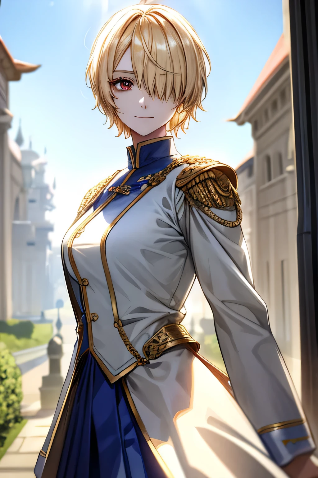 ((masterpiece:1.2、Highest quality))、1 female、((Blonde Short Hair))、Red eyes、Long eyelashes、White suit、Fantasy、uniform、Royalty、garden、Blooming Flowers、sunlight、Fantastic Light and Shadow、Scenery of the Royal Palace、Highly detailed face、Invincible Smile、Dynamic depiction、Tホテルのmasterpiece,Highest quality,As-、Short, straight, dark yellow hair,shirt, half-naked,Dressed in strict royal attire, White and gold royal outfit, Handsome anime pose, A beautiful feminine face、Medium Breast、Center Section、amount、Sexy、expensive、Handsome、Beautiful shape、Best Style、Cool look、Model pose、(Barrette)、(((Hair on one eye)))、(((One eye is hidden by hair)))、(((Blonde Short Hairー))),(Red eyes)、Mao Sen Moon Song、