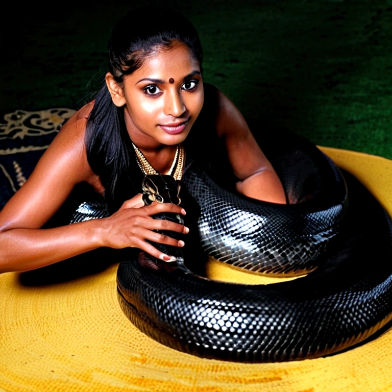 Happy Horny, aroused 1girl), beautiful kneeling indian girl with giant colossal black anaconda squeezing her hard, wrapped in thick spiraling coils, constricted, struggle, gasping for air, snake attack, snake peril, moonless night, dim light