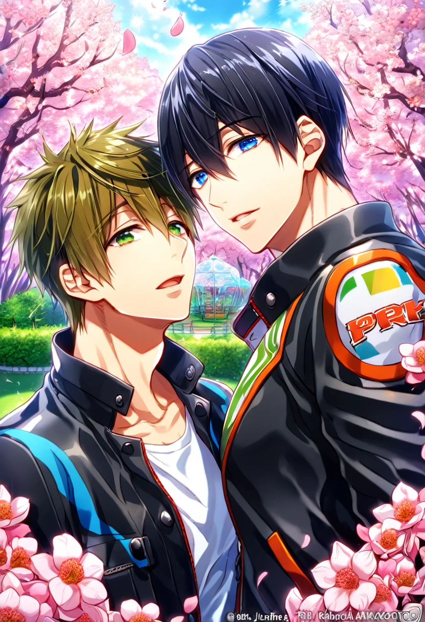 absurdres, highres, ultra detailed, HDR, master piece, best quality, Nanase Haruka, black hair, expressive blue eyes, Free!, Tachibana Makoto, brown hair, expressive green eyes, two sexy men together, gay couple, yaoi, handsome, black leather jacket, white shirt, fantasy, shining, park, pink flowers, pink blossoms, pink petals