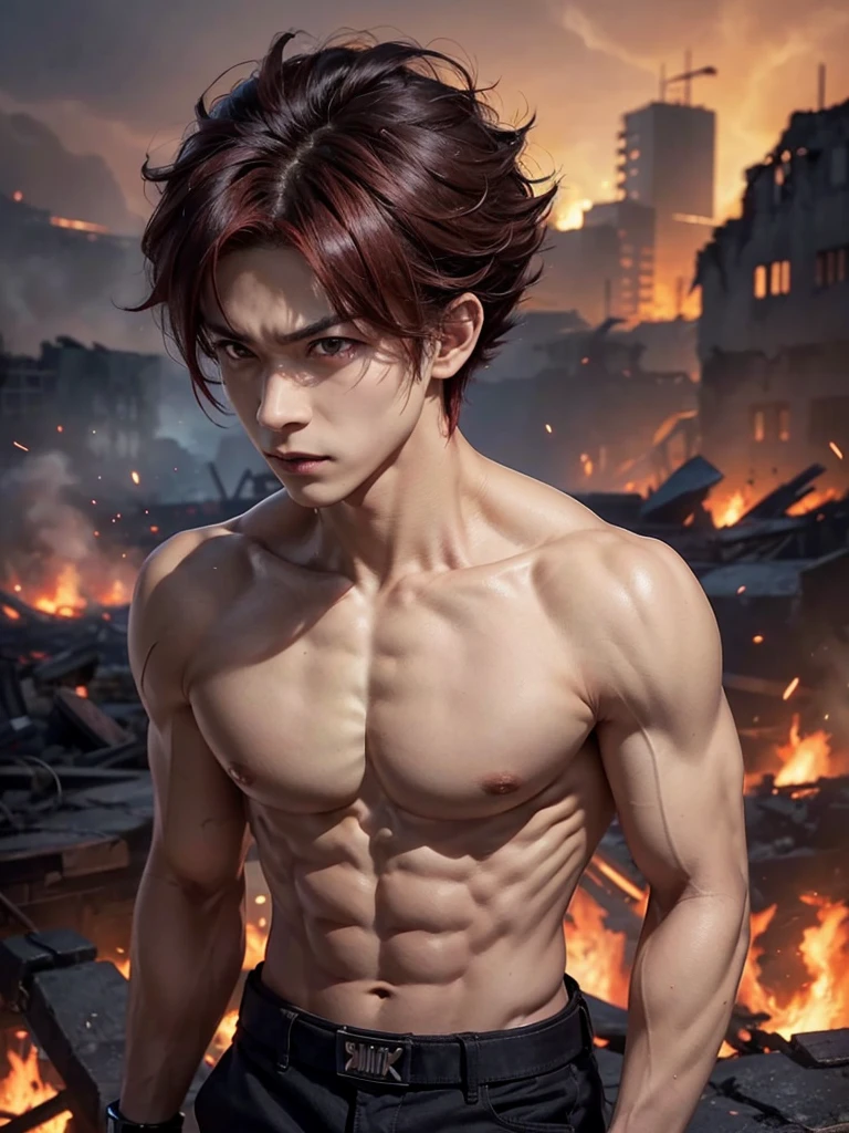 ((1boy)), young boy, (nice hands, perfect hands), (male focus), (perfect anatomy), ((kirishima eijirou)), bare chest, sparkling eyes, abs and pectoral muscles, (ready to attack a villain, looking at viewer), (ruined burning city in the background)