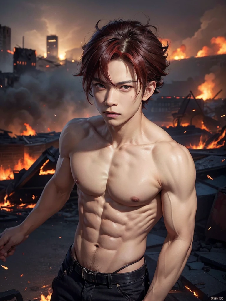 ((1boy)), young boy, (nice hands, perfect hands), (male focus), (perfect anatomy), ((kirishima eijirou)), bare chest, sparkling eyes, abs and pectoral muscles, (ready to attack a villain, looking at viewer), (ruined burning city in the background)